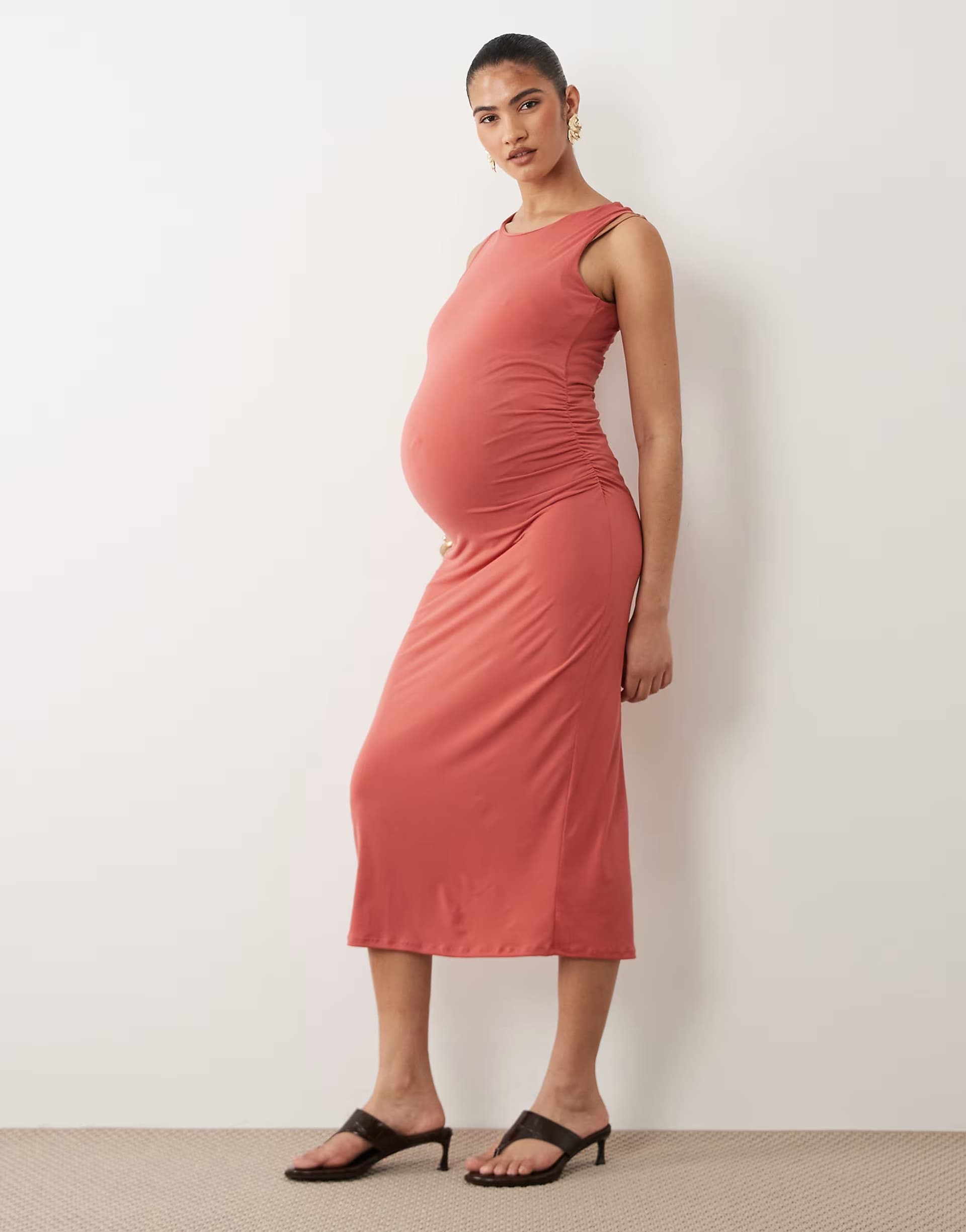 ASOS Mamalicious Maternity sleeveless ruched bodycon midi dress in dark dusty pink