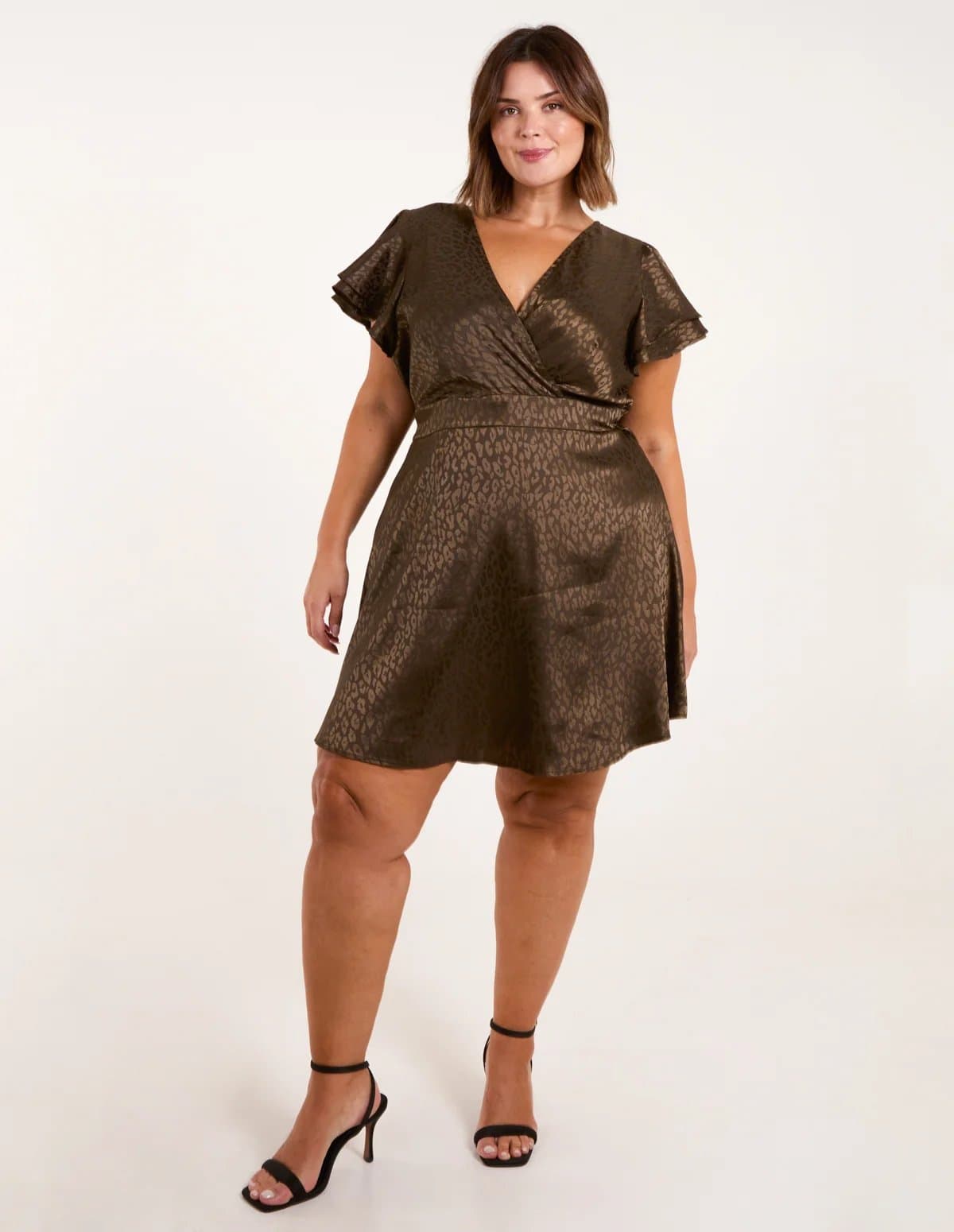 Blue Vanilla Curve Leopard Jacquard Frill Sleeve Mini Dress
