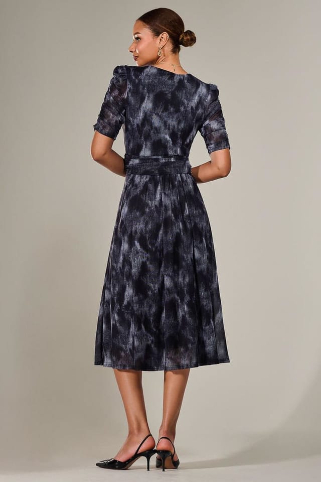 Jolie Moi Jolie Moi Women's Ruched Sleeve Mesh Maxi Dress in Dark Grey - 2