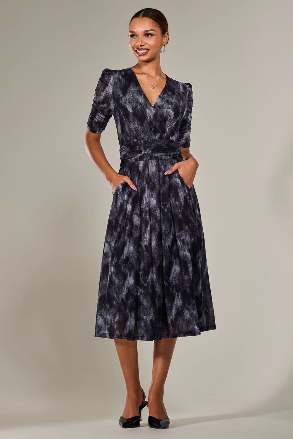 Jolie Moi Jolie Moi Women's Ruched Sleeve Mesh Maxi Dress in Dark Grey - 4