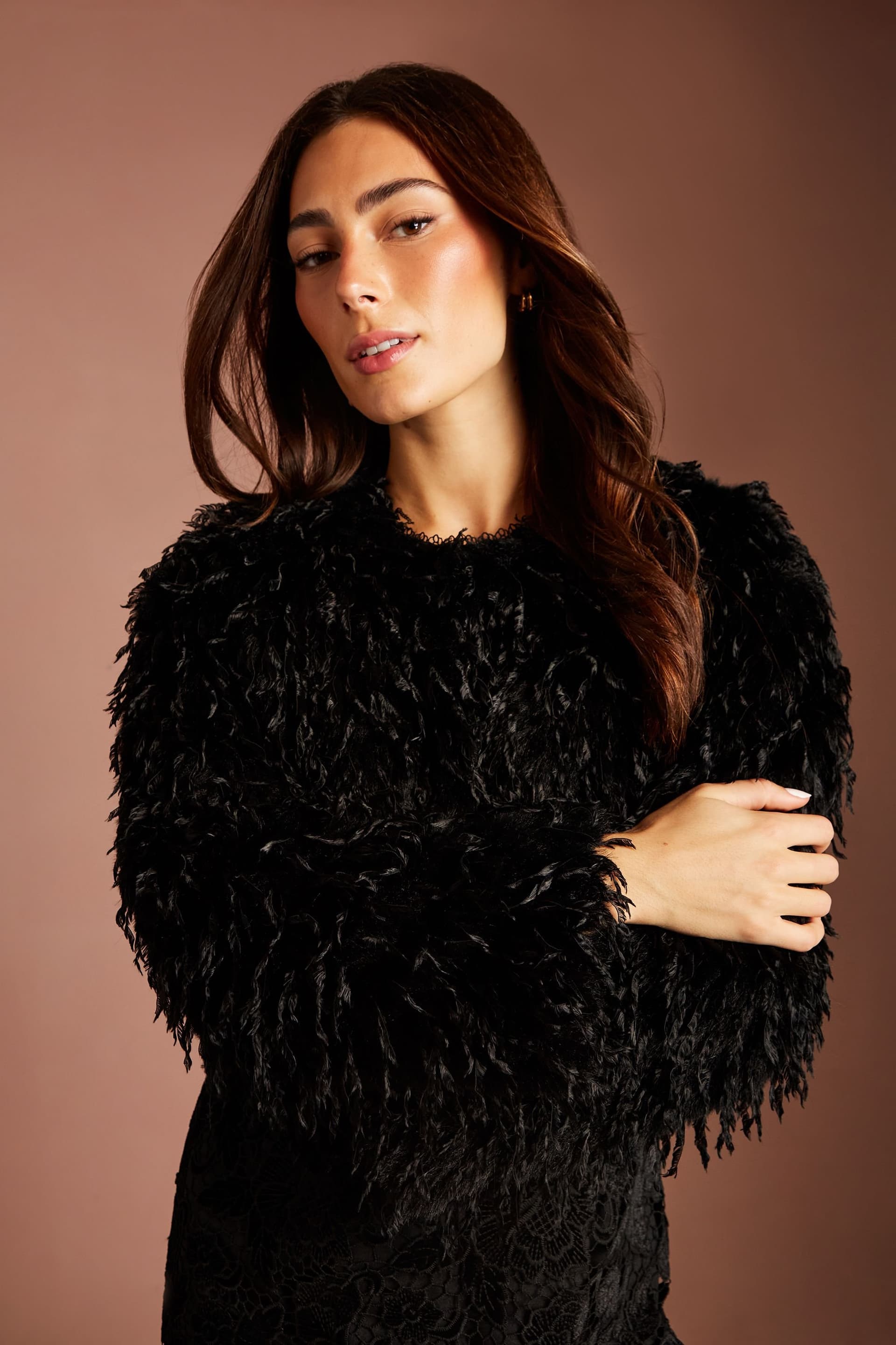 Coast Coast Women's Black Faux Feather Fur Cropped Jacket