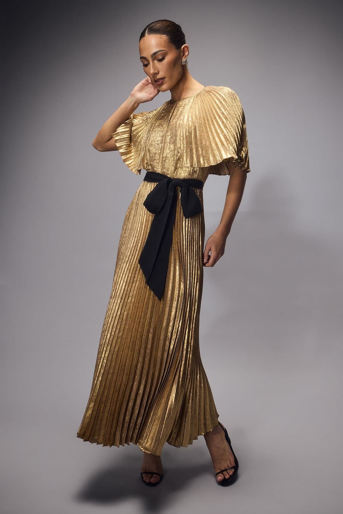 Coast Coast Women's Muse Pleated Cape Detail Metallic Maxi Dress With Tie in Gold