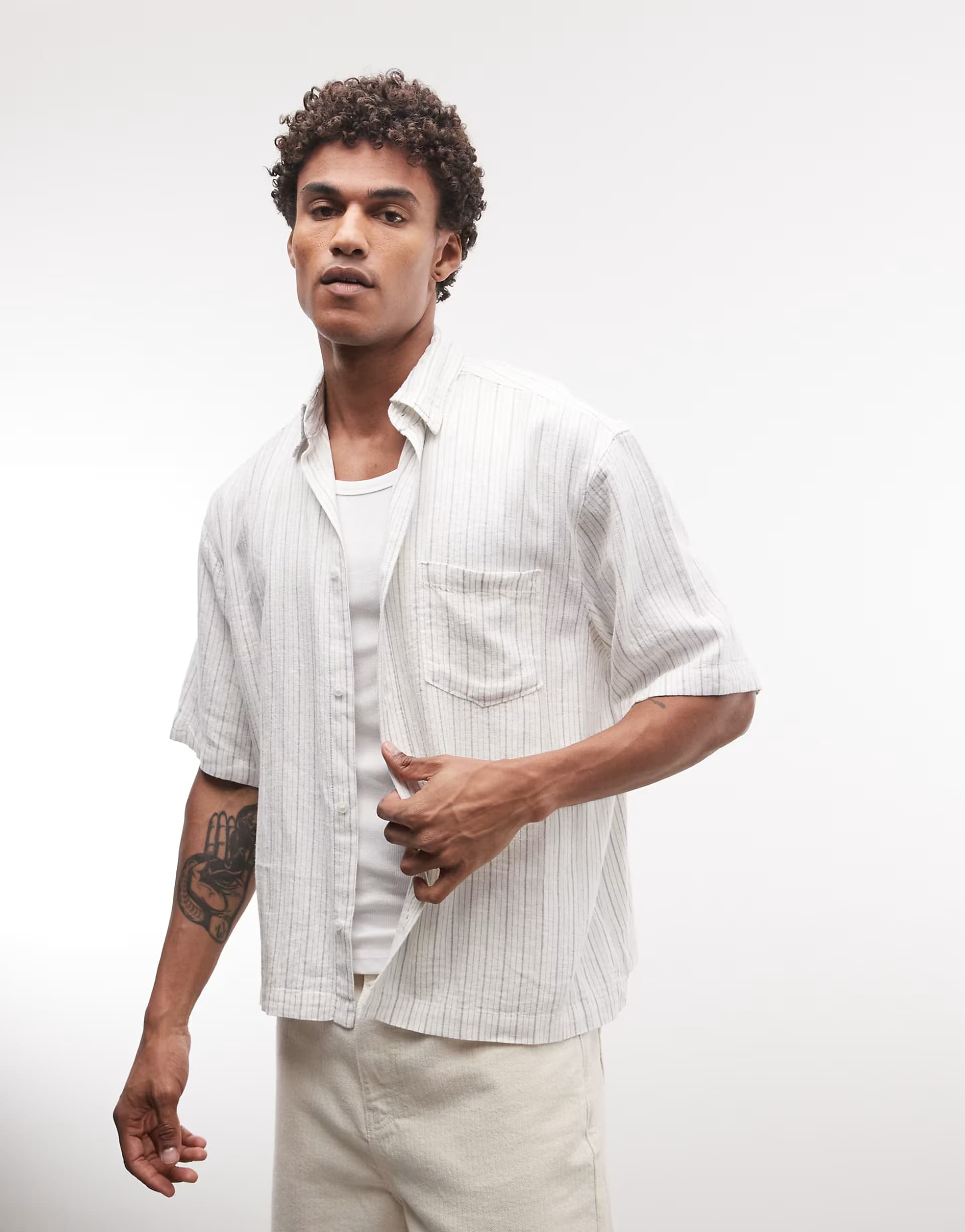 ASOS Weekday Franco short sleeve linen blend shirt in white and grey stripe