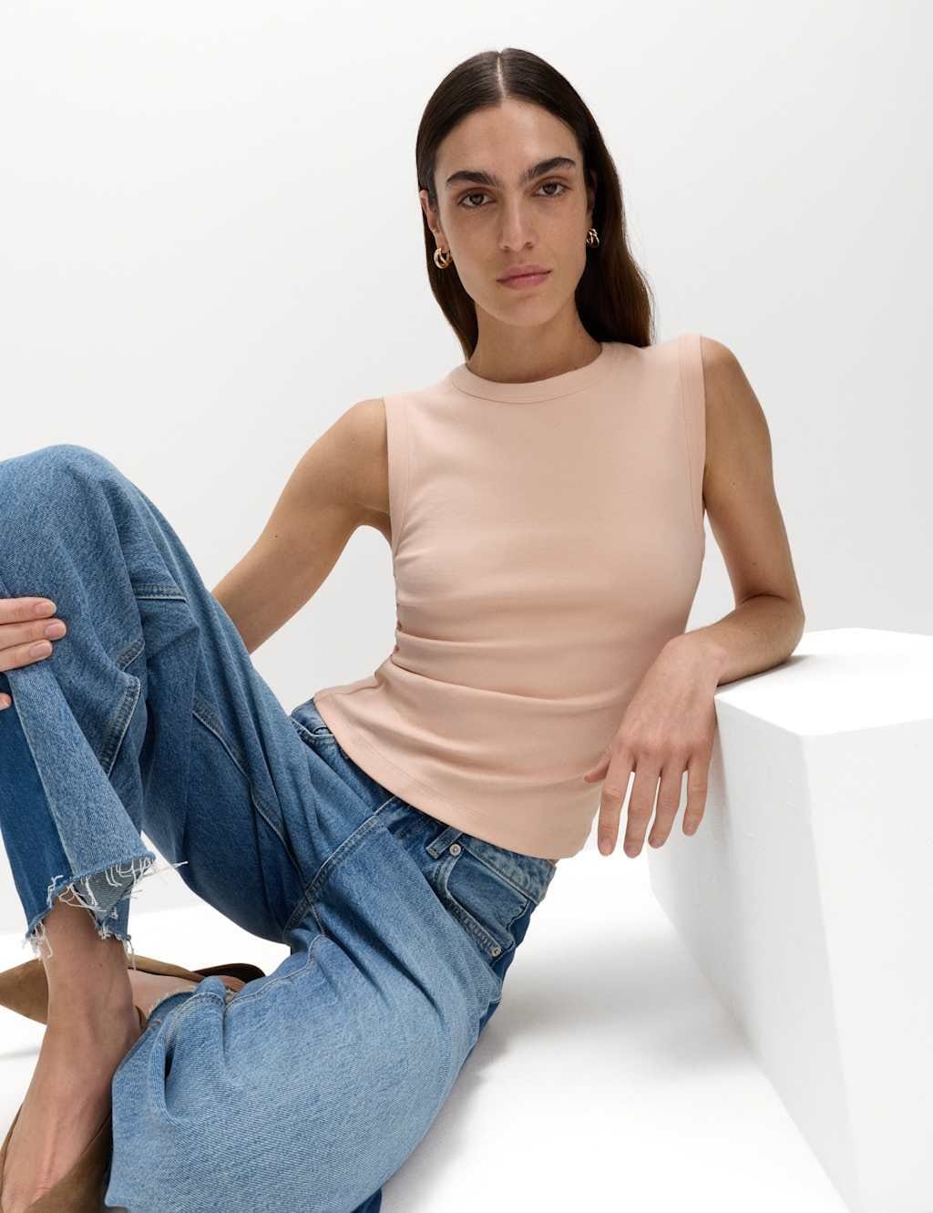 M&S Peach Cotton Rich Premium Slim Fit Tank Top