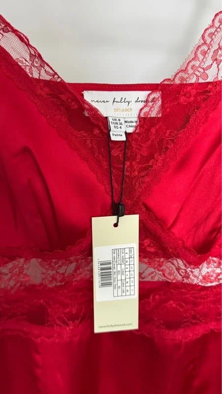 Never Fully Dressed Elegant Red Satin Maxi Dress with Lace Detail