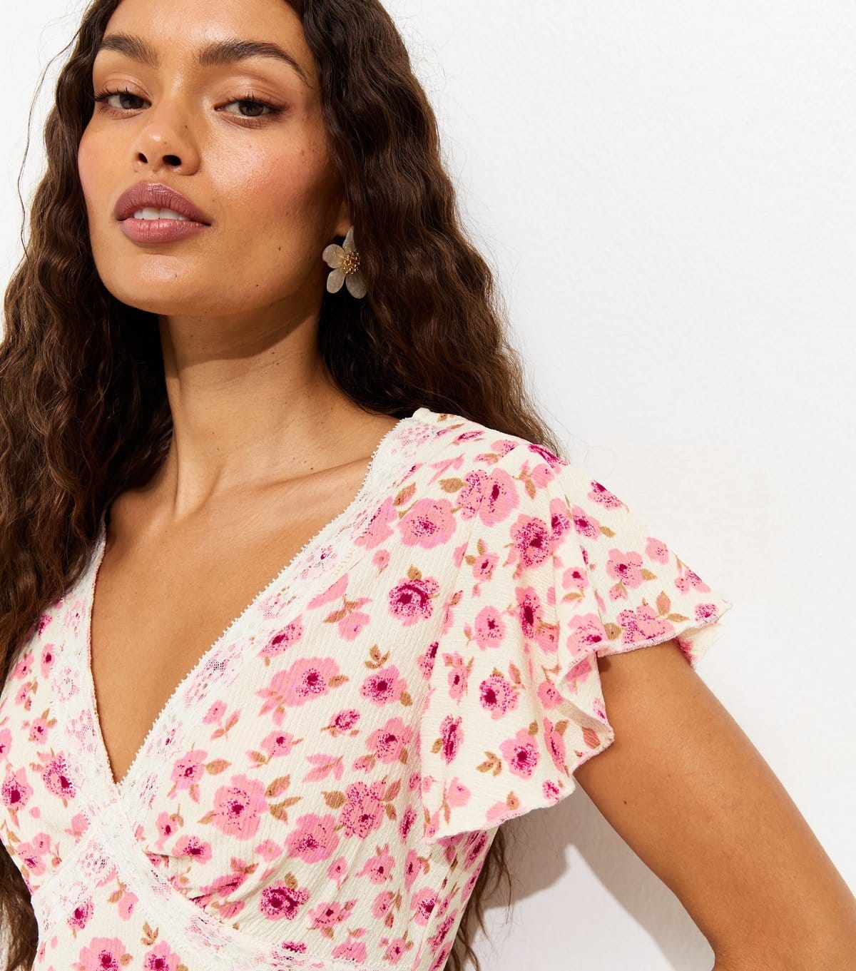 New Look Pink Floral Print Lace Trim Mini Dress