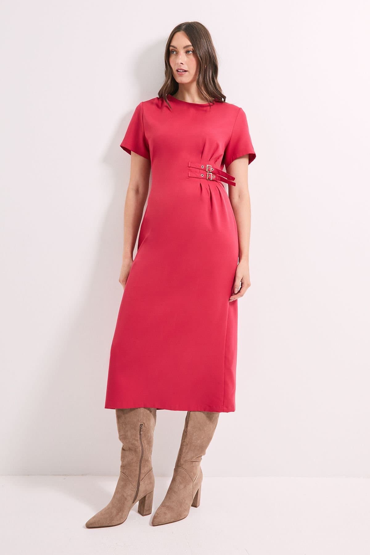 Principles Principles Women's Tailored Buckle Crepe Midi Dress in Rust