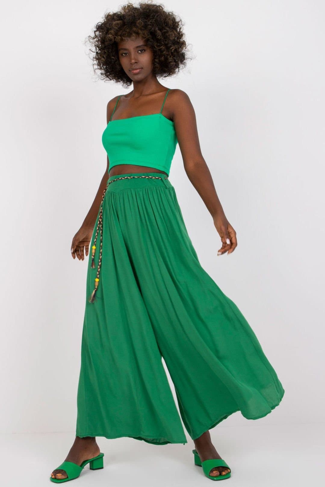 Love Lace Love Lace Green Viscose High Waisted Wide Leg Pants