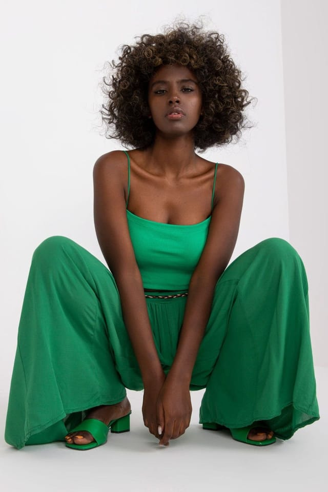 Love Lace Love Lace Women's Viscose High Waisted Wide Leg Tie Belt Pants in Green - 2