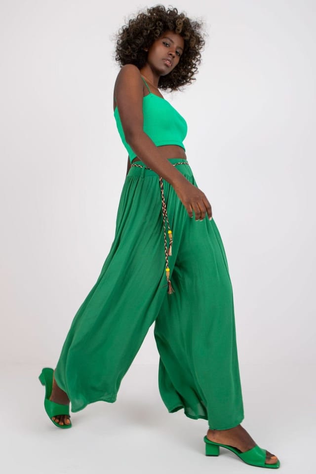 Love Lace Love Lace Women's Viscose High Waisted Wide Leg Tie Belt Pants in Green - 3