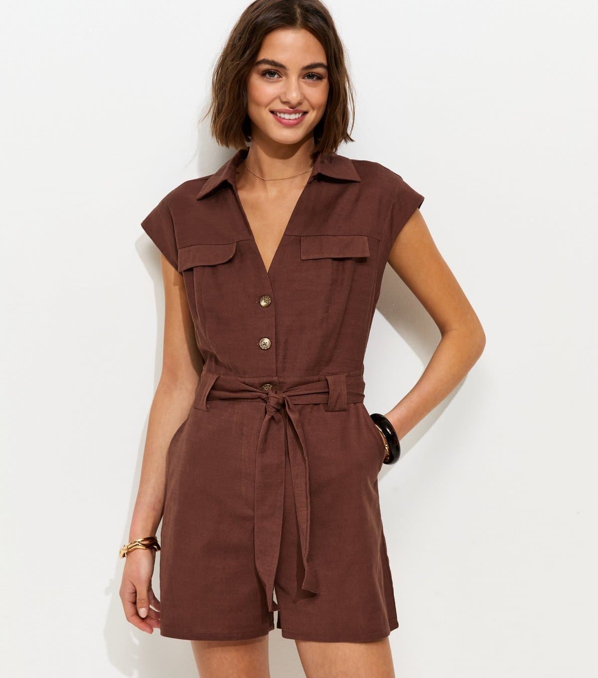 New Look Women's Dark Brown Utility Short Sleeve Playsuit New Look