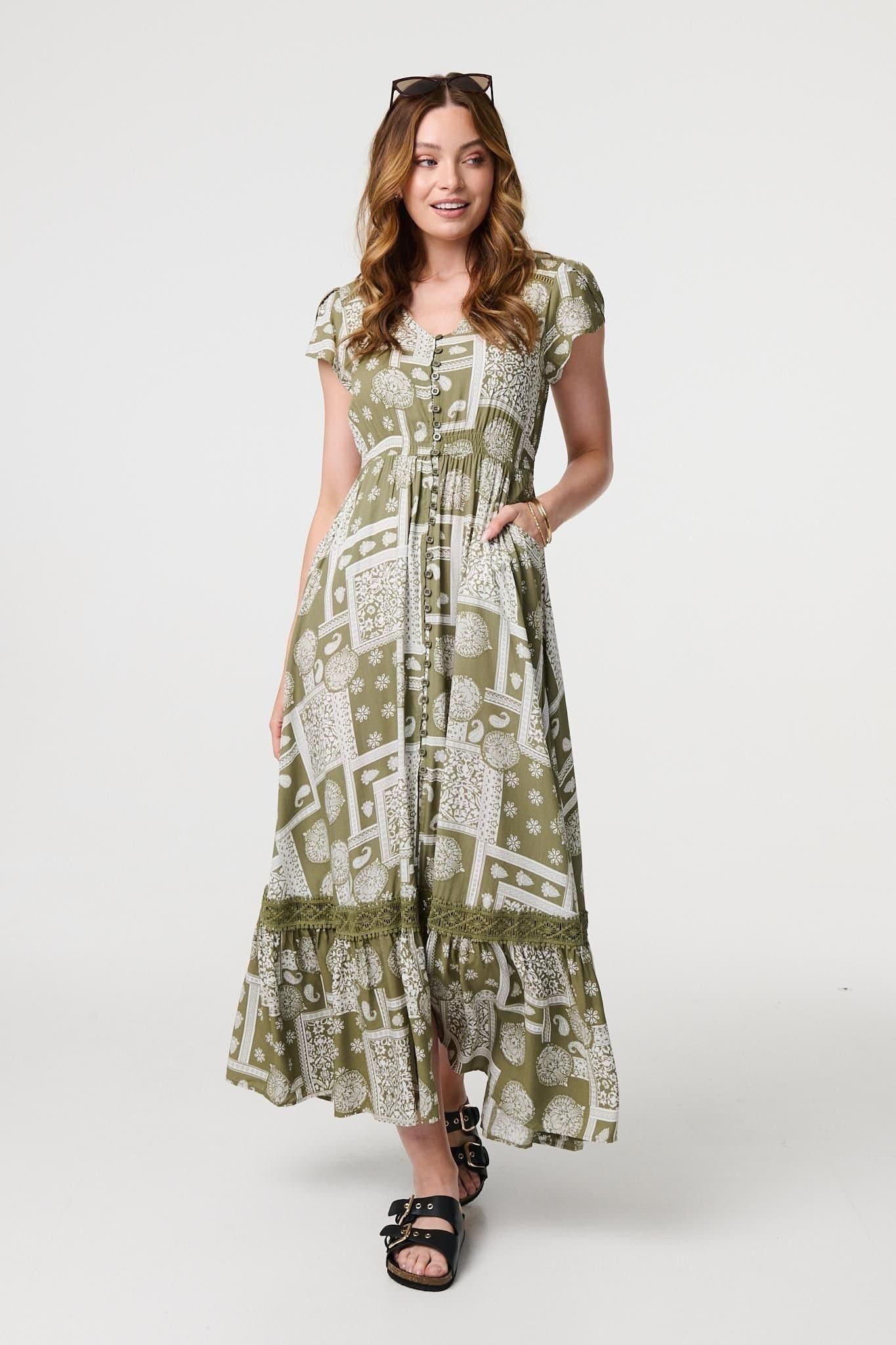 Izabel London Izabel London Women's Printed V-Neck Cap Sleeve Maxi Dress in Green