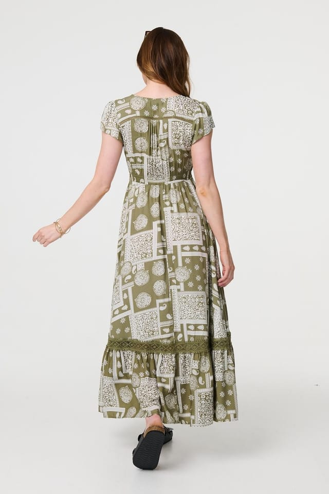 Izabel London Izabel London Women's Printed V-Neck Cap Sleeve Maxi Dress in Green - 3