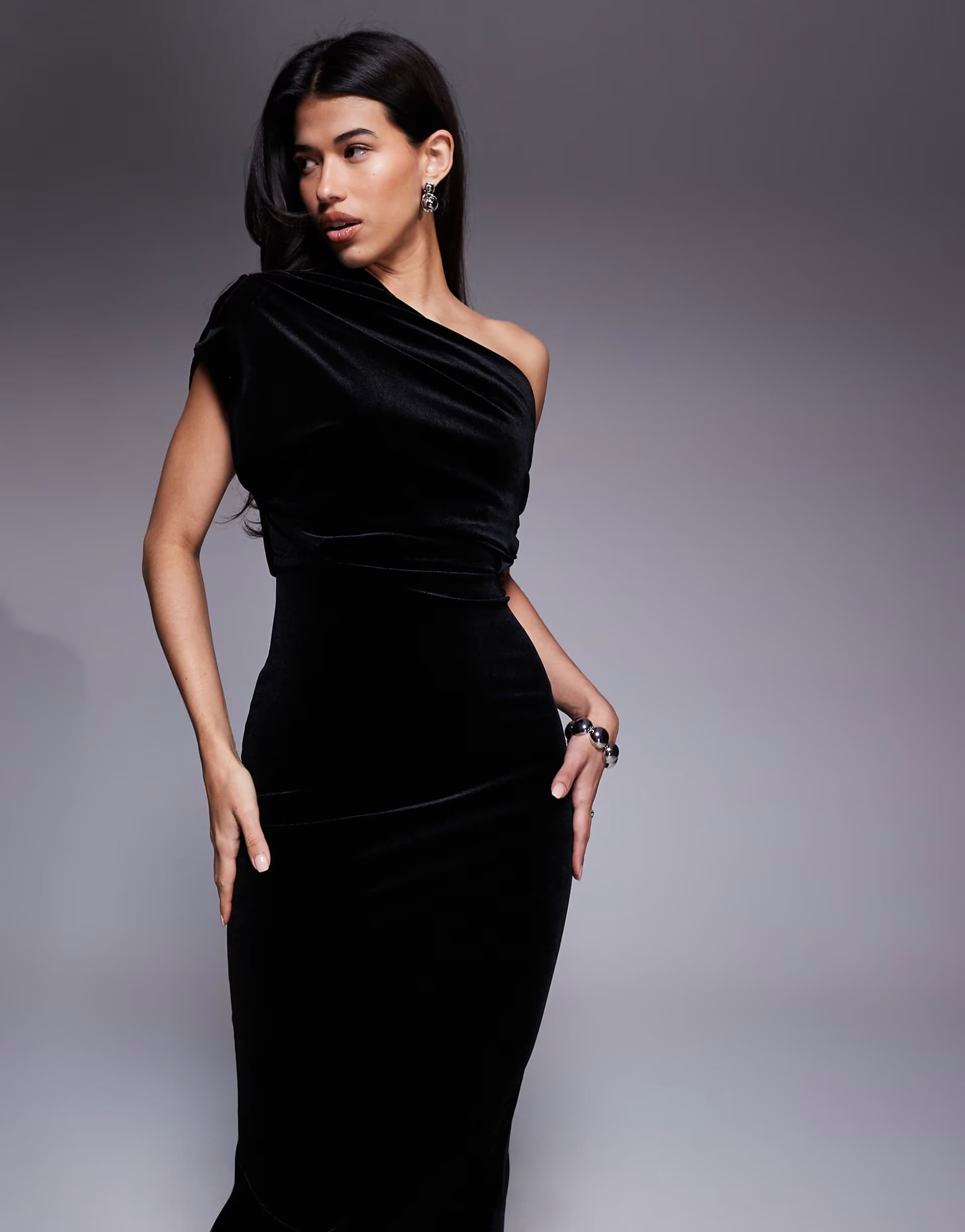 ASOS ASOS DESIGN velvet dramatic neckline midi dress with split in black