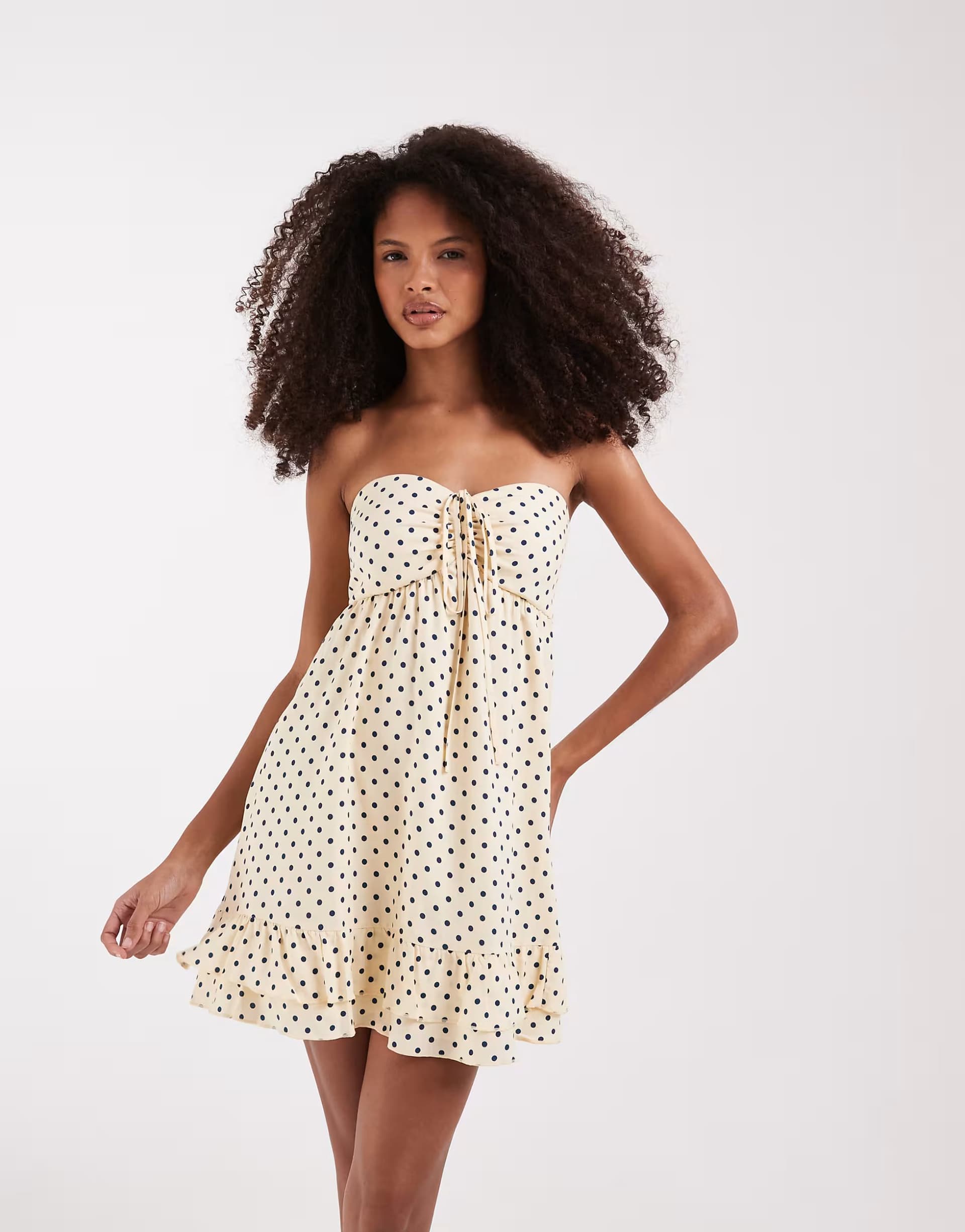 ASOS Hollister bandeau tie up ruffle babydoll mini dress in yellow polka dot