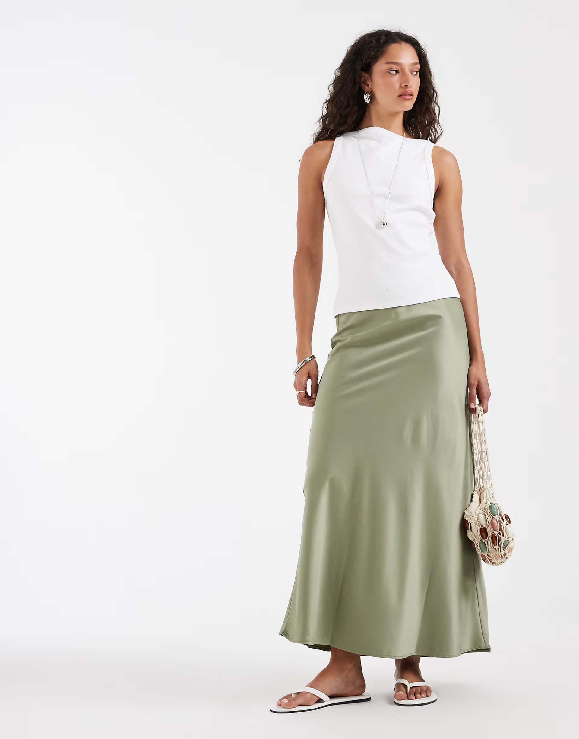 ASOS Vero Moda satin bias midi skirt in oil green