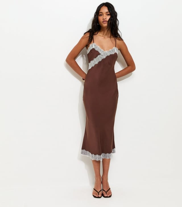 New Look Women's Brown Lace Trimmed Satin Midi Dress New Look - 2