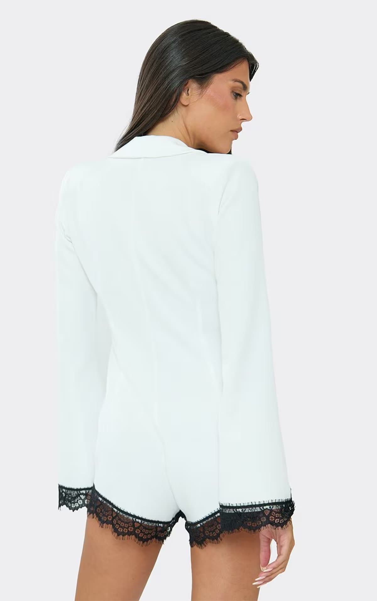 EGO Long Sleeve Contrast Lace Trim Detail Blazer Playsuit In Ivory, Women's Size UK 6