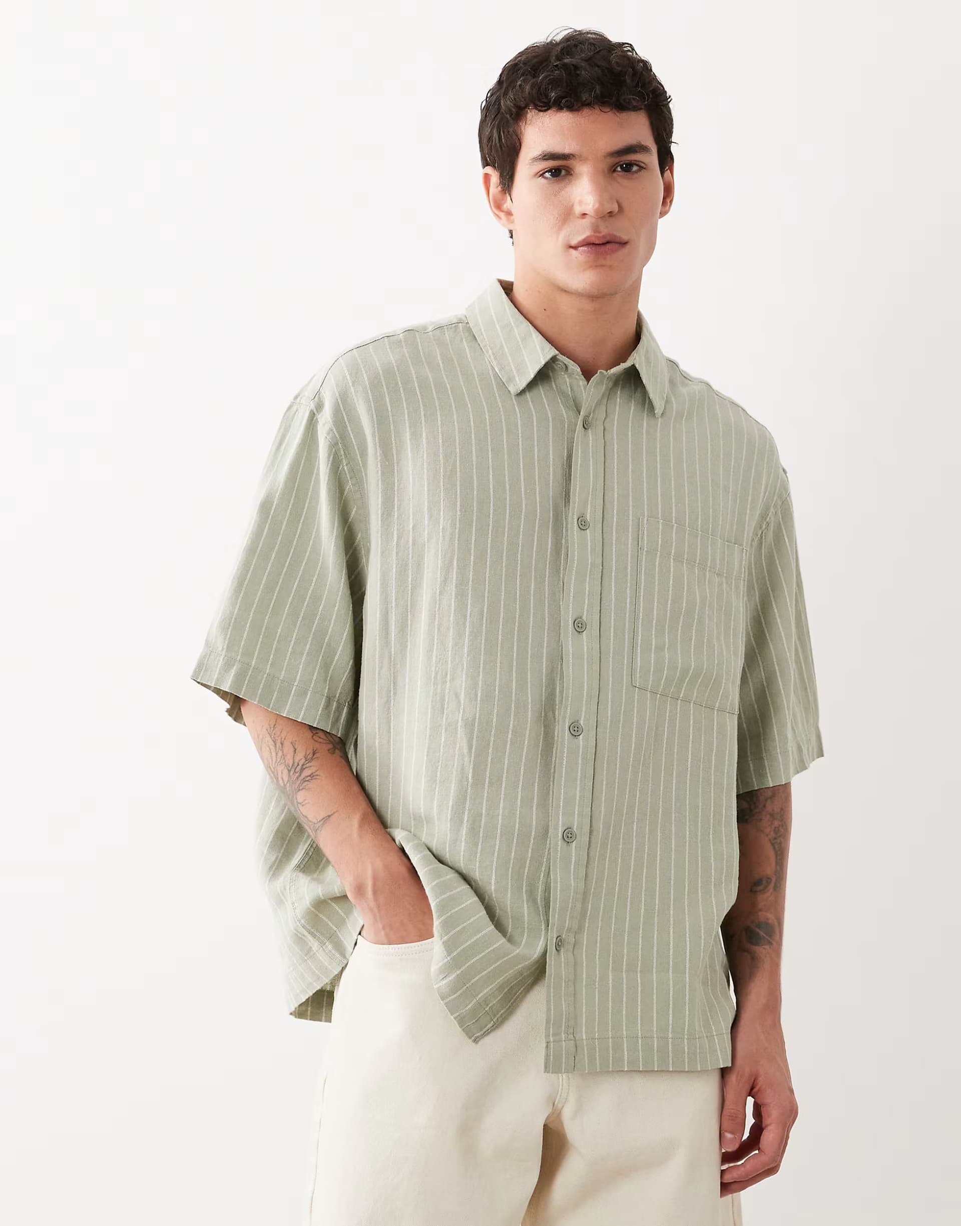 ASOS ASOS DESIGN oversized linen blend stripe shirt in sage green