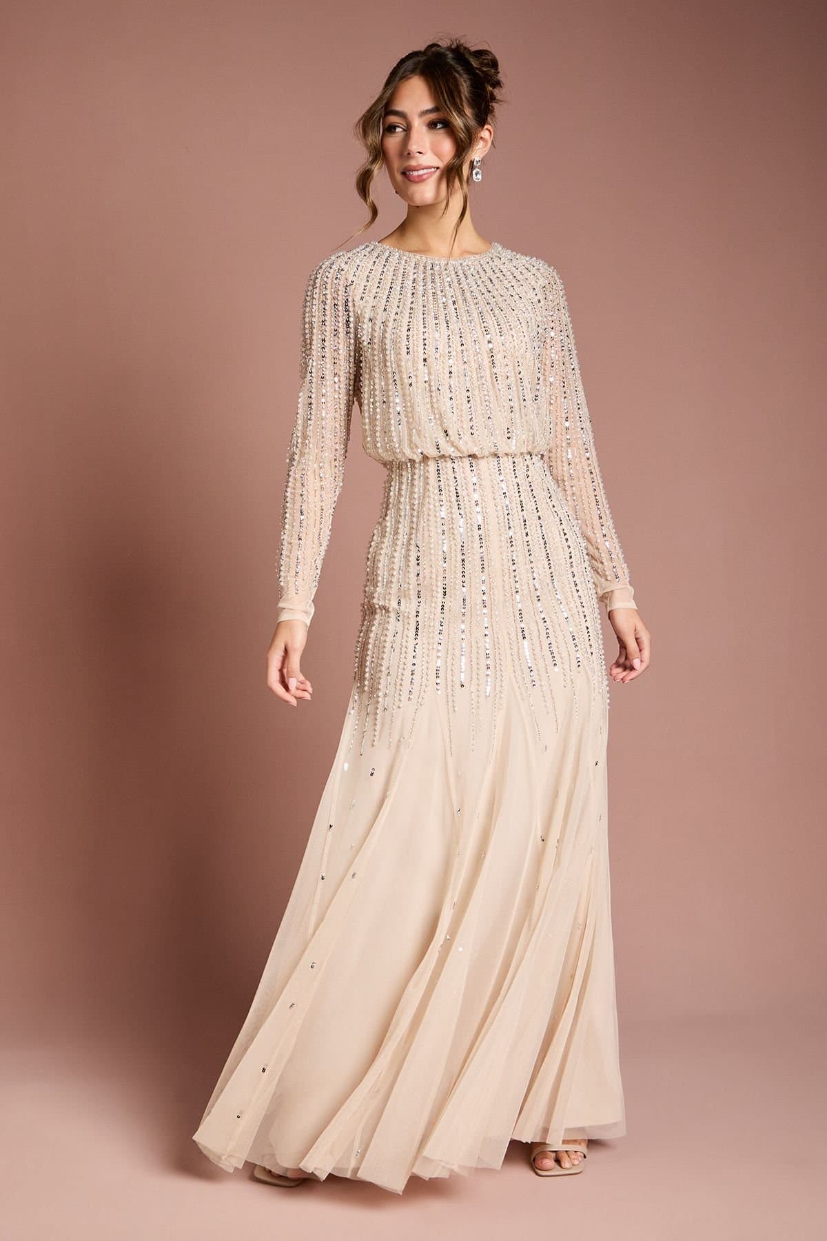 Coast Coast Women's Linear Sequin Embellished Long Sleeve Maxi Dress in Champagne