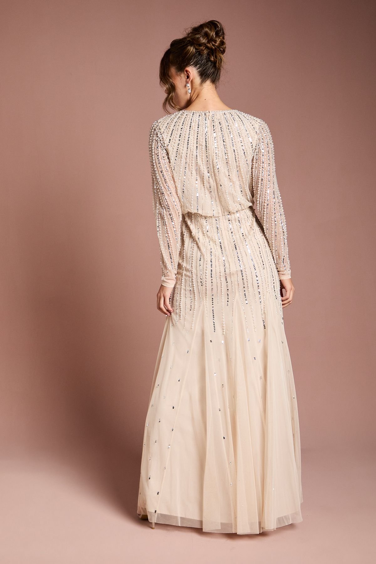 Coast Coast Women's Linear Sequin Embellished Long Sleeve Maxi Dress in Champagne - 3