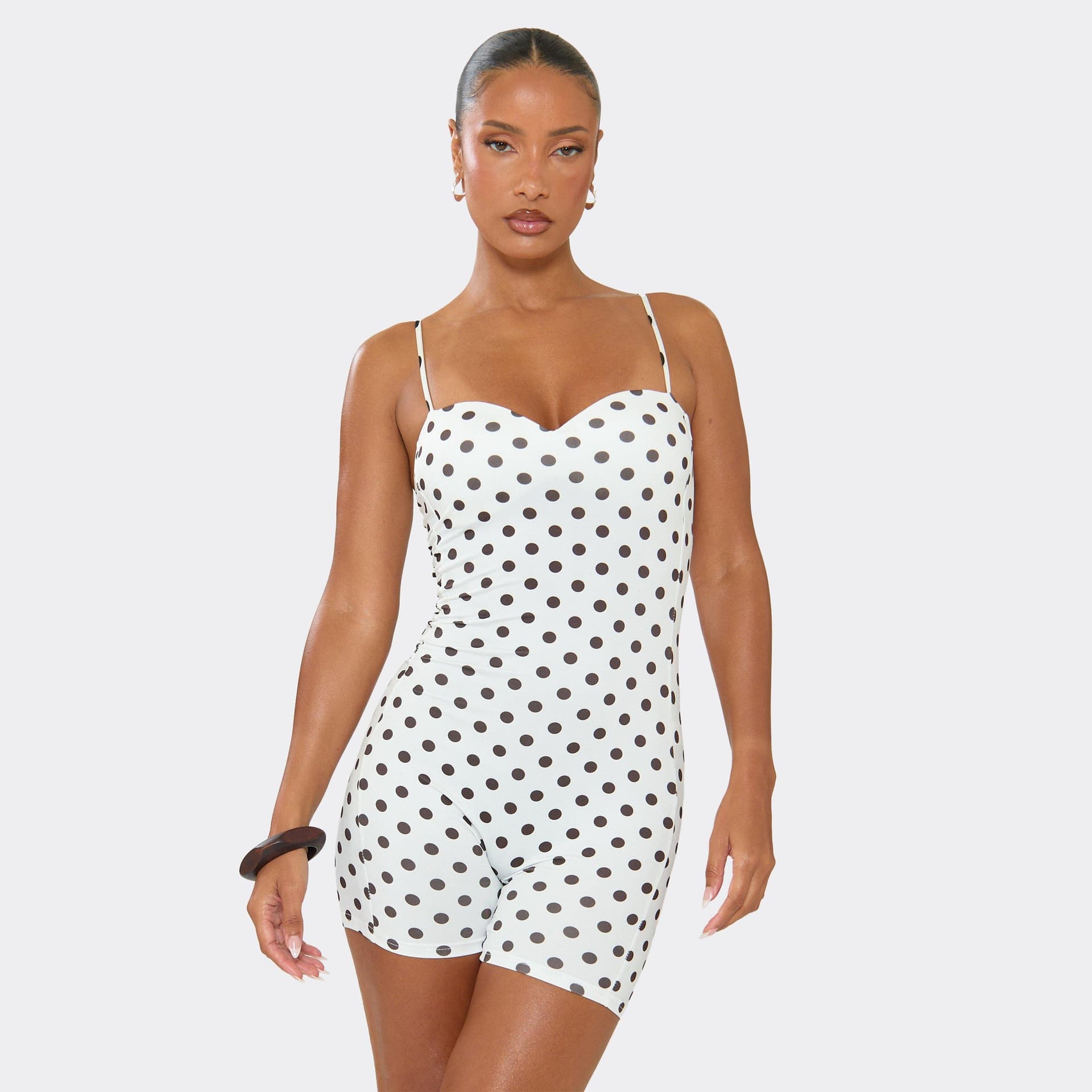 EGO Strappy Cup Detail Playsuit In White Polka Dot, Women's Size UK M/L