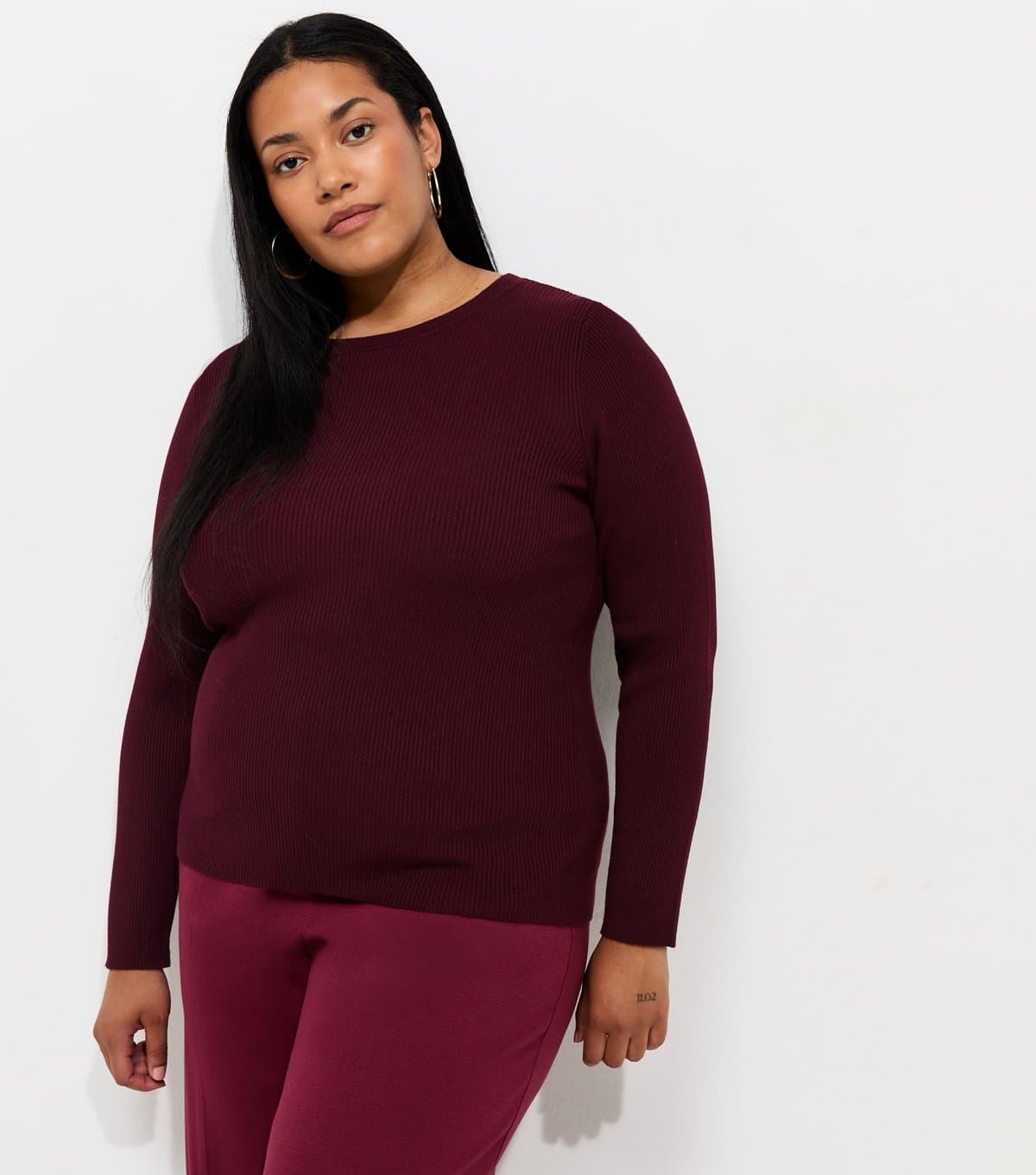 New Look Women's Plus Size Dark Burgundy Lightweight Ribbed Knit Crew Neck Jumper Curves New Look