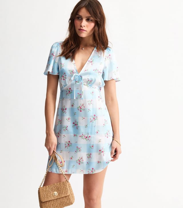 New Look Women's Blue Satin Gingham Floral Print Mini Dress New Look - 3