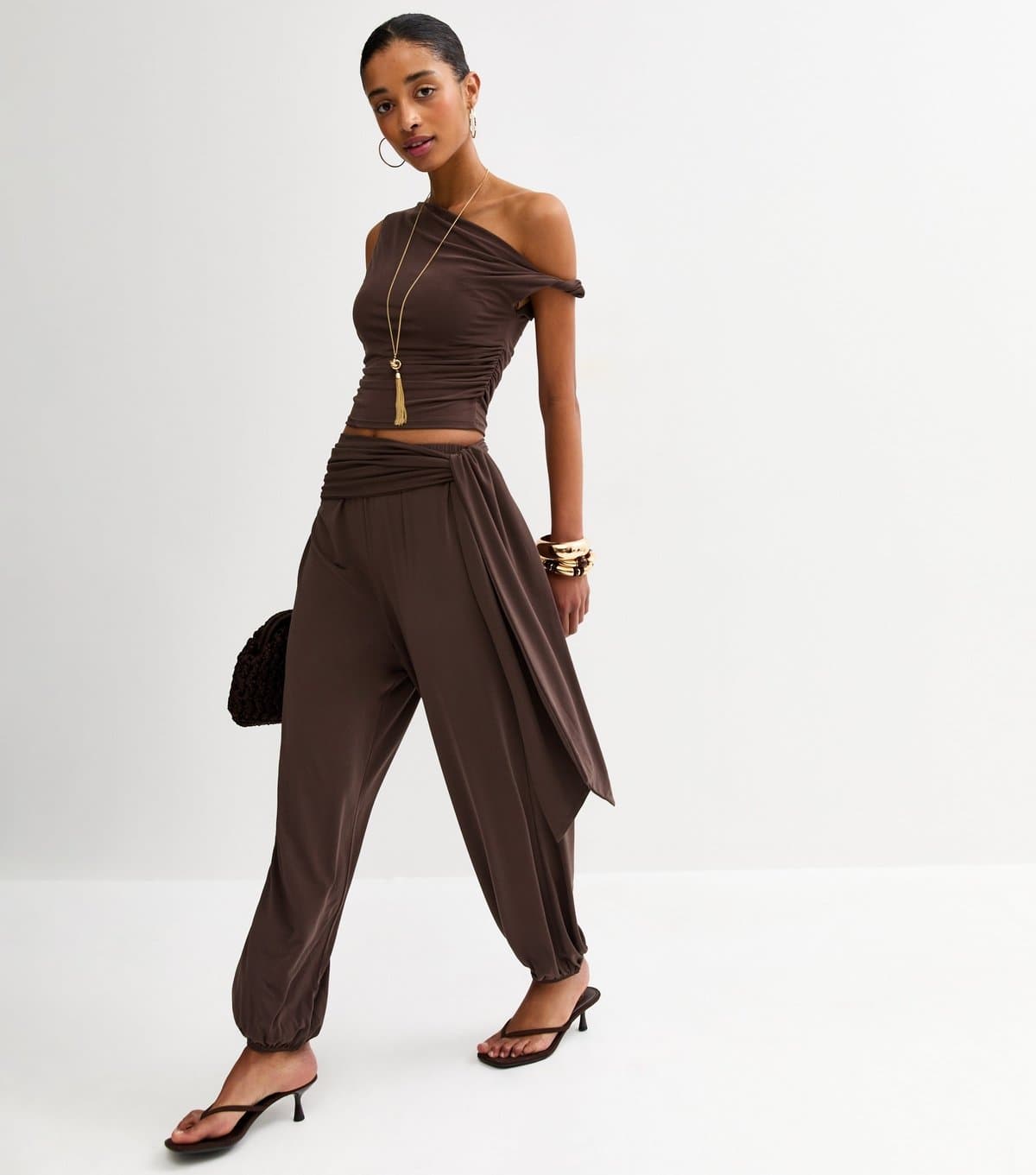 New Look Women's Dark Brown Tie Waist Tapered Trousers New Look
