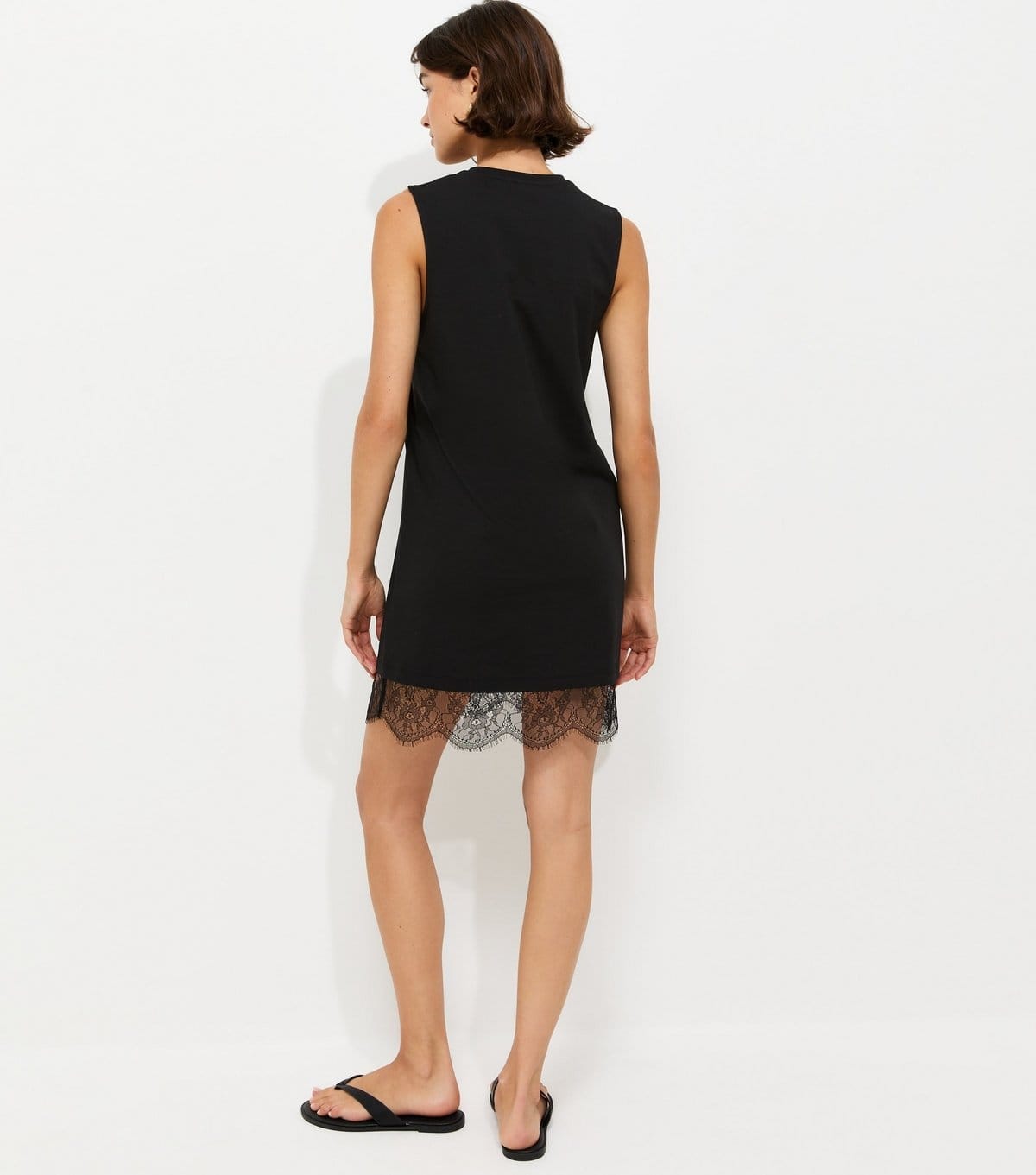 New Look Women's Black Cotton Sleeveless Lace Hem Mini T-Shirt Dress New Look - 4