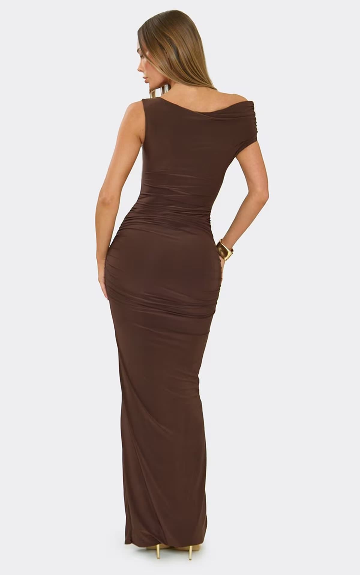 EGO One Shoulder Asymmetric Ruched Detail Maxi Dress In Brown Slinky, Women's Size UK 6