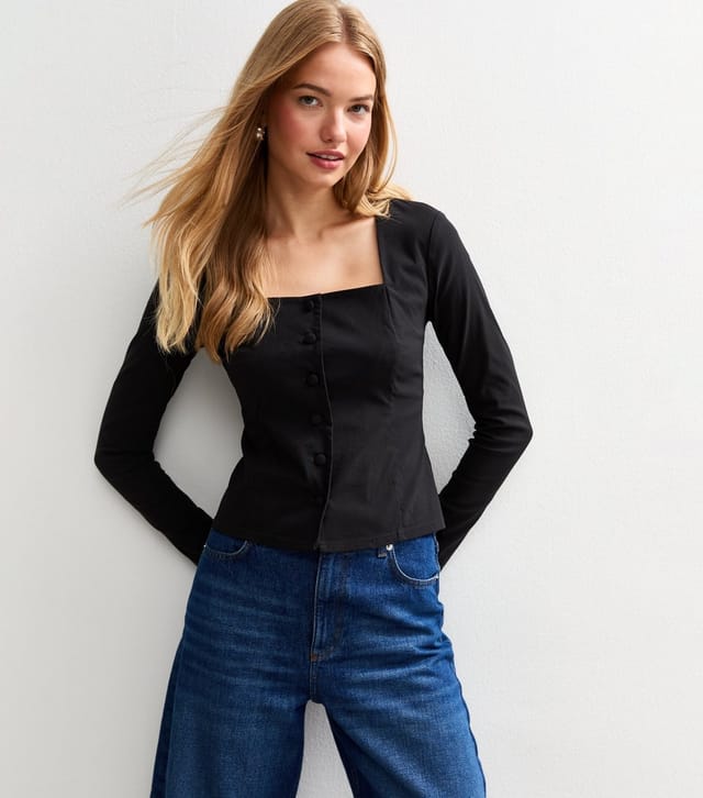 New Look Women's Black Square Neck Button Up Long Sleeve Top New Look - 2