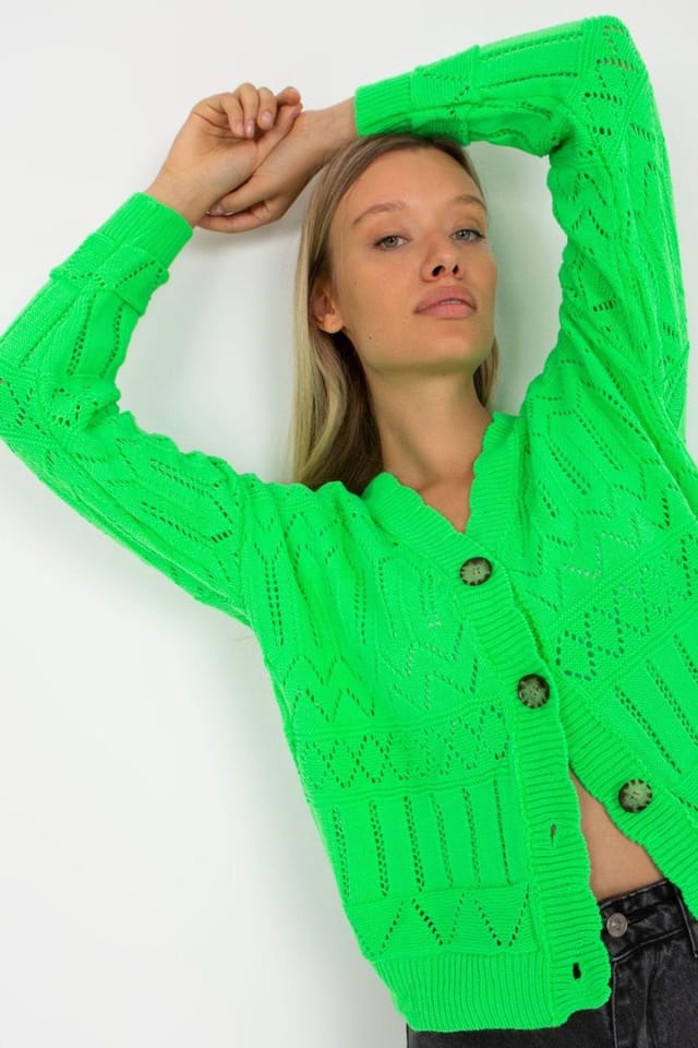 Love Lace Love Lace Women's Openwork Button Down Cardigan Sweater in Green - 2