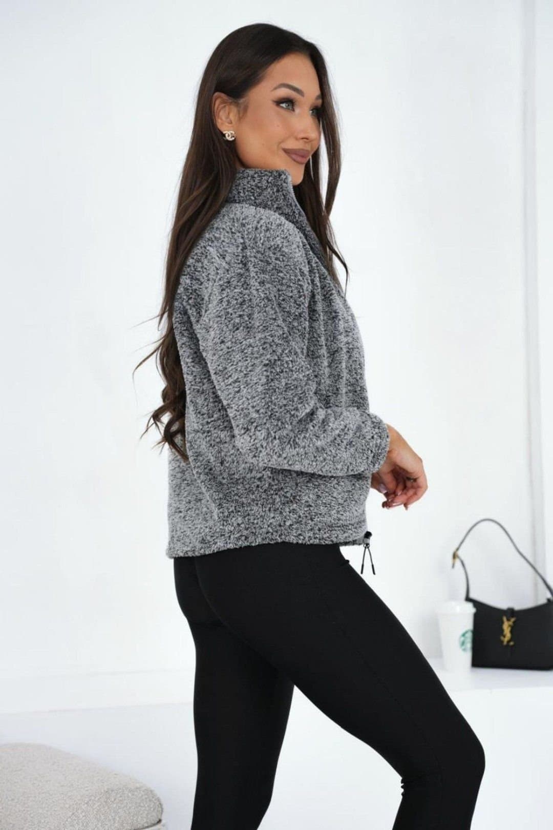 Love Lace Love Lace Women's Soft Teddy Zip Collar Casual Sweatshirt in Grey