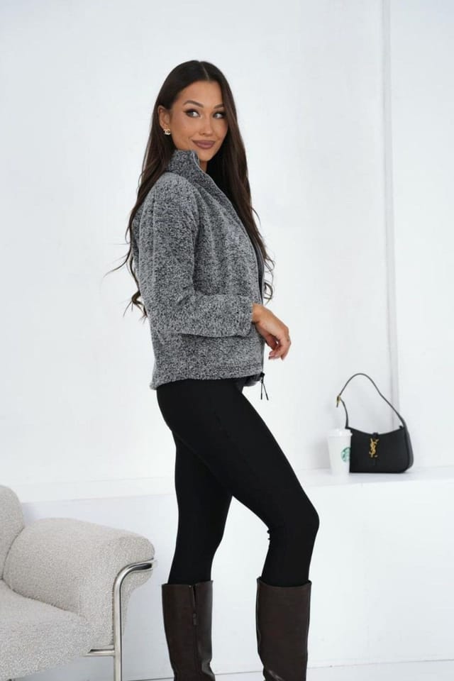 Love Lace Love Lace Women's Soft Teddy Zip Collar Casual Sweatshirt in Grey - 2