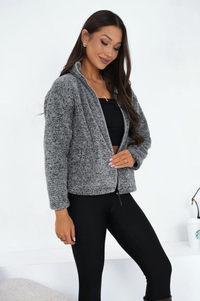 Love Lace Love Lace Women's Soft Teddy Zip Collar Casual Sweatshirt in Grey - 3