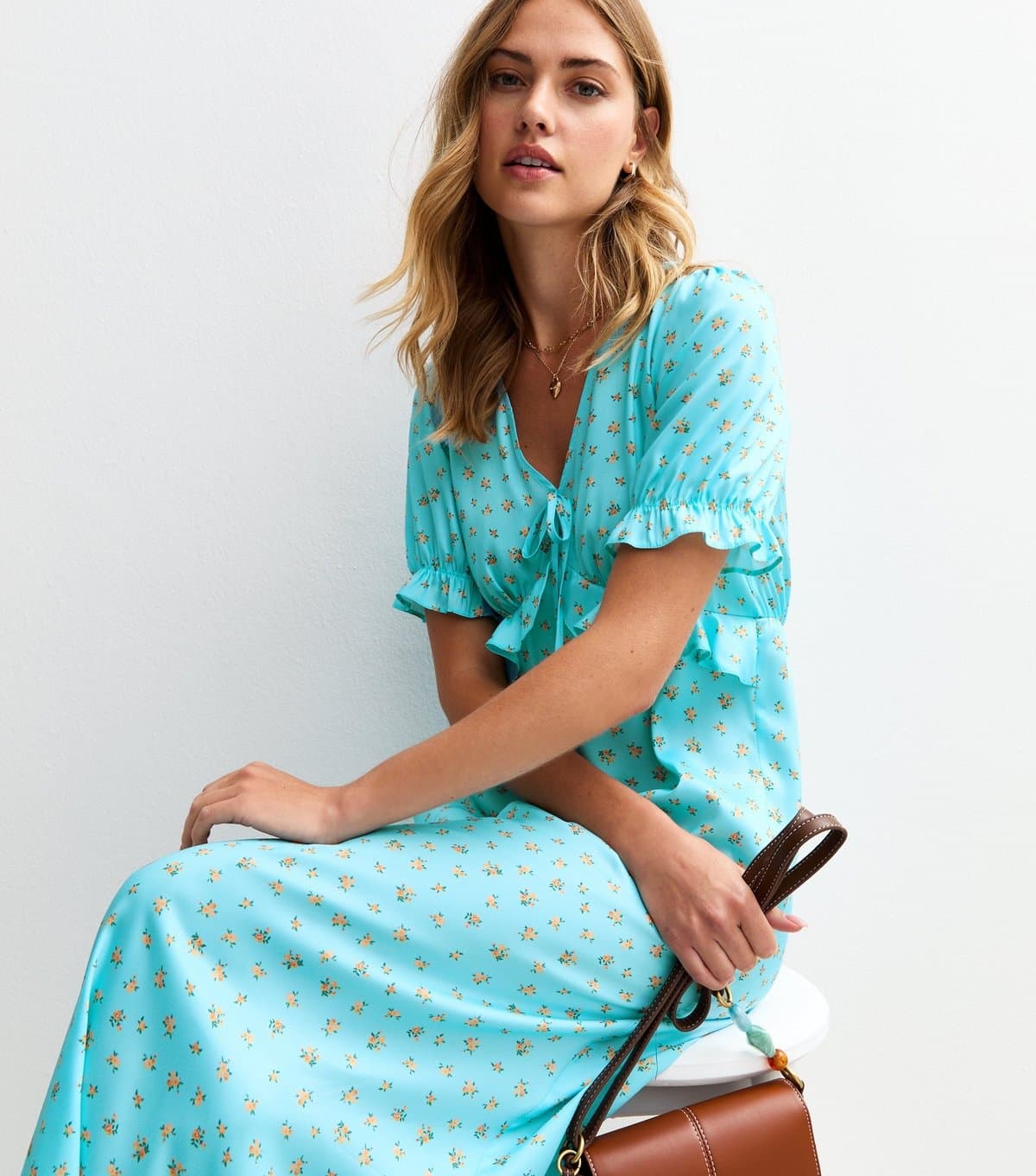 New Look Women's Blue Satin Floral Print Ruffle Trim Midi Dress New Look