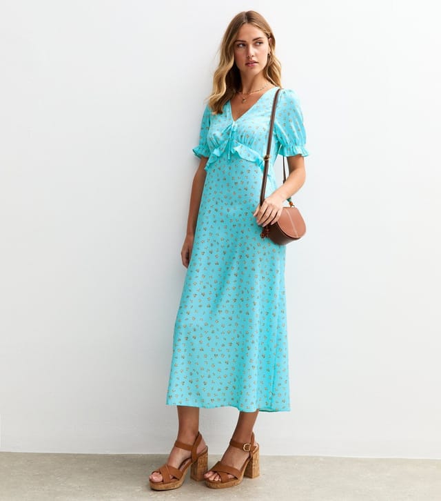 New Look Women's Blue Satin Floral Print Ruffle Trim Midi Dress New Look - 2