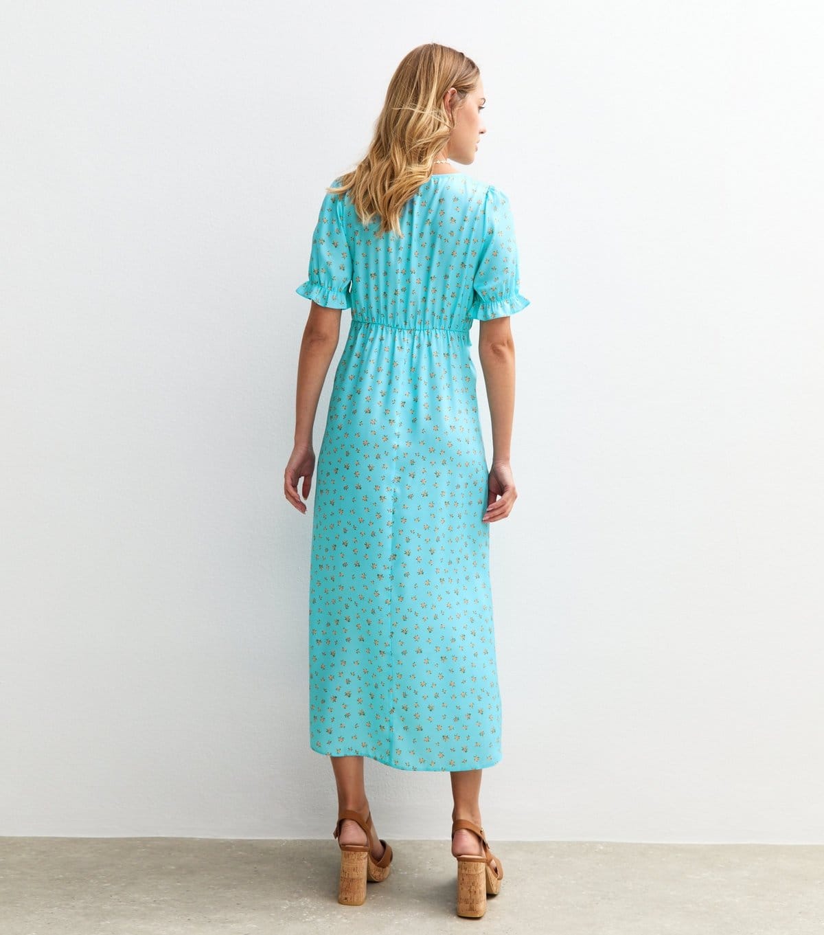 New Look Women's Blue Satin Floral Print Ruffle Trim Midi Dress New Look - 4