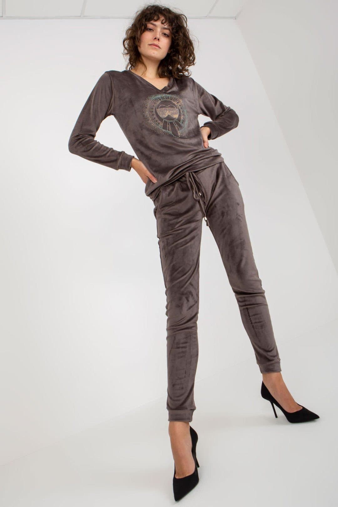 Love Lace Love Lace Women's Velour Heart Neck Blouse Tie Waist Set in Grey