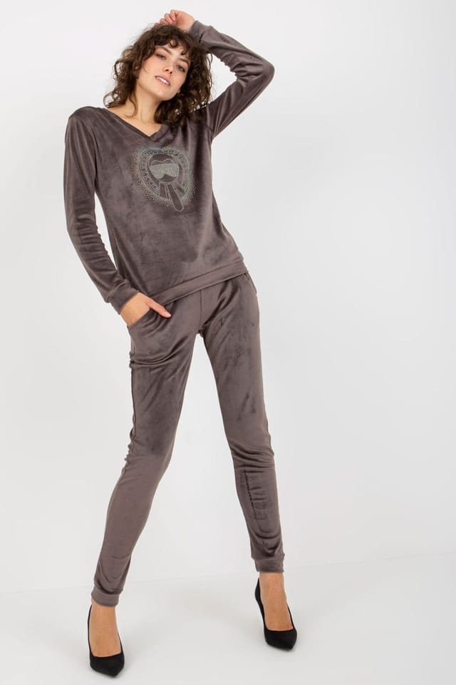 Love Lace Love Lace Women's Velour Heart Neck Blouse Tie Waist Set in Grey - 2