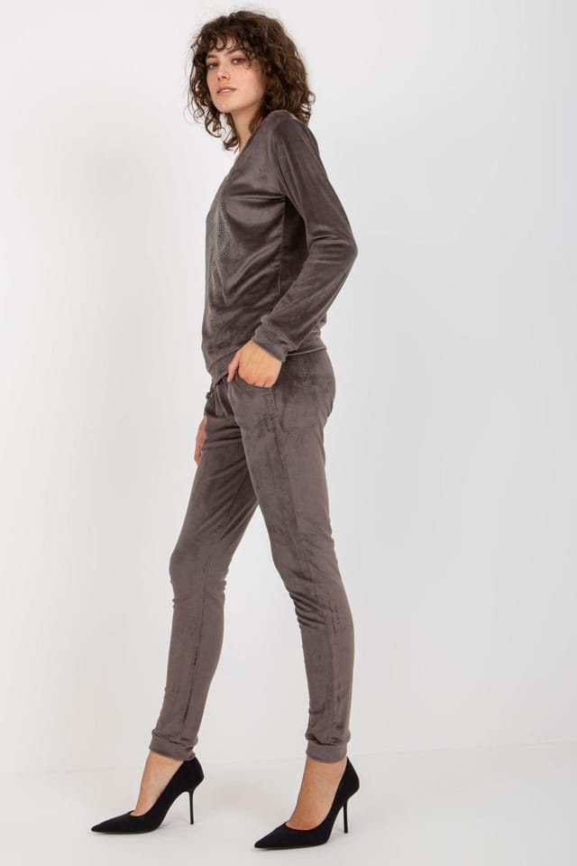 Love Lace Love Lace Women's Velour Heart Neck Blouse Tie Waist Set in Grey - 3
