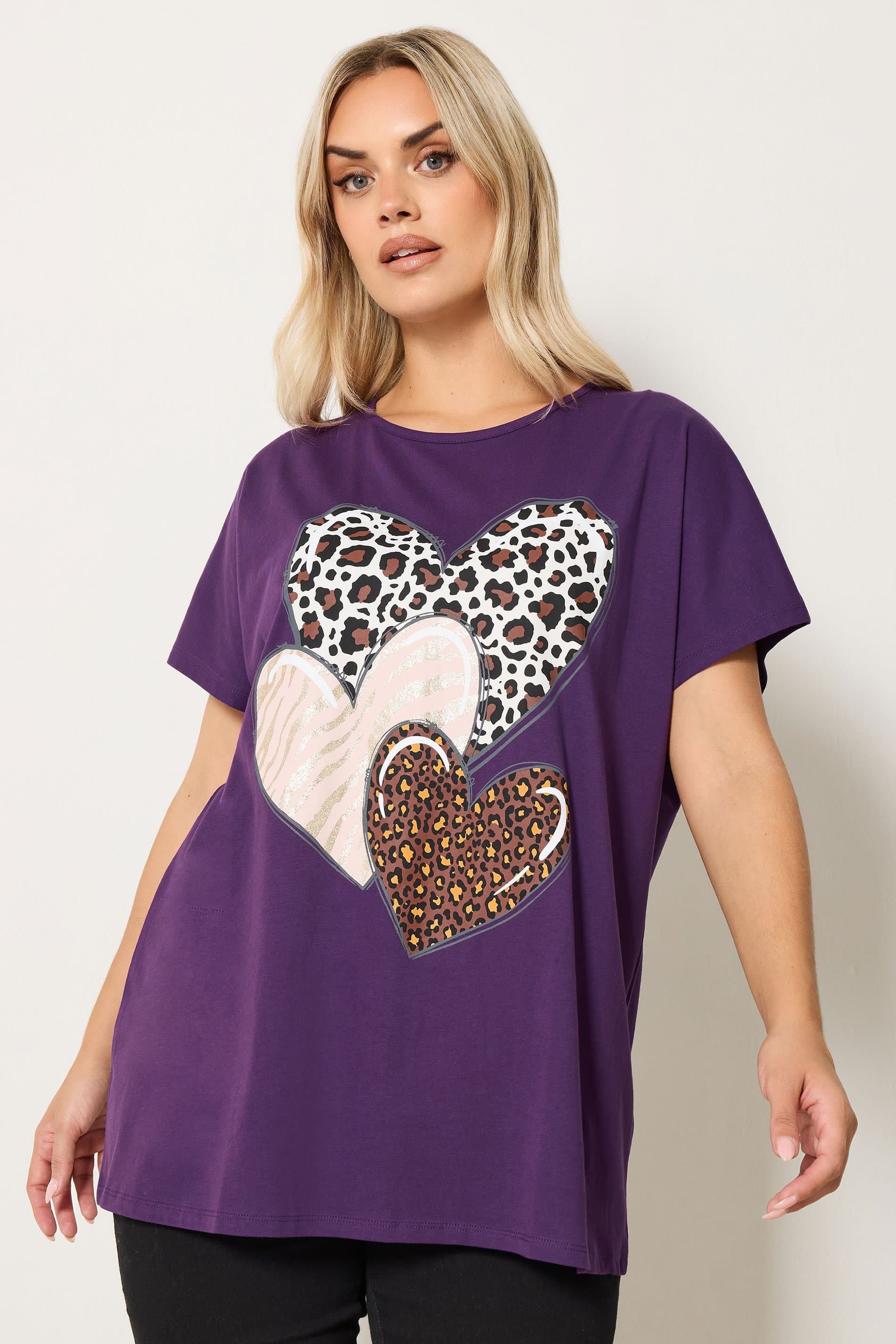 Yours Plus Size Purple Animal Heart Glitter Tshirt