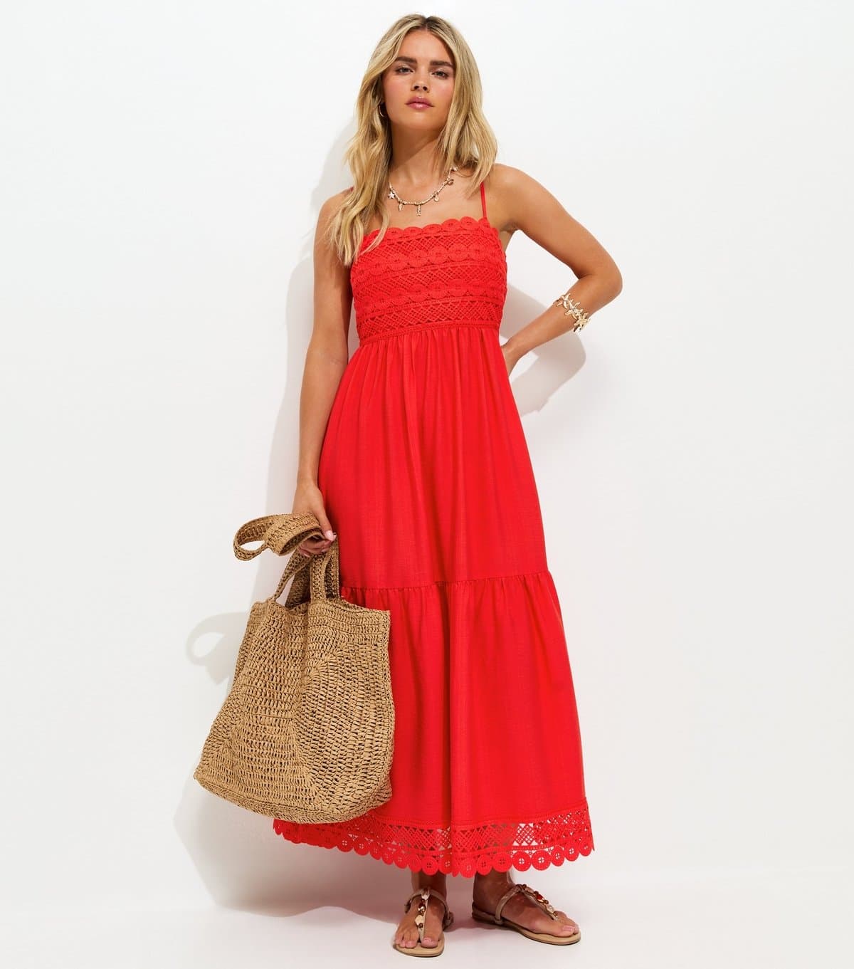 New Look Women's Petite Bright Red Crochet Panel Maxi Dress New Look
