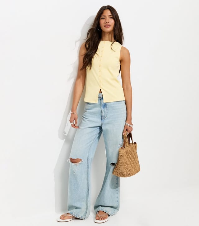 New Look Women's Light Yellow Cotton Rich Button Through Tank Top New Look - 2