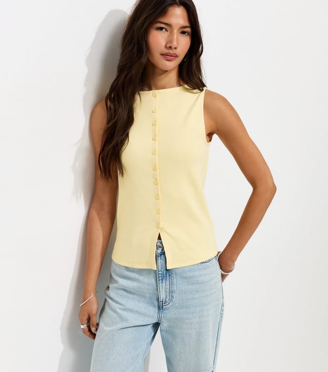 New Look Women's Light Yellow Cotton Rich Button Through Tank Top New Look - 3