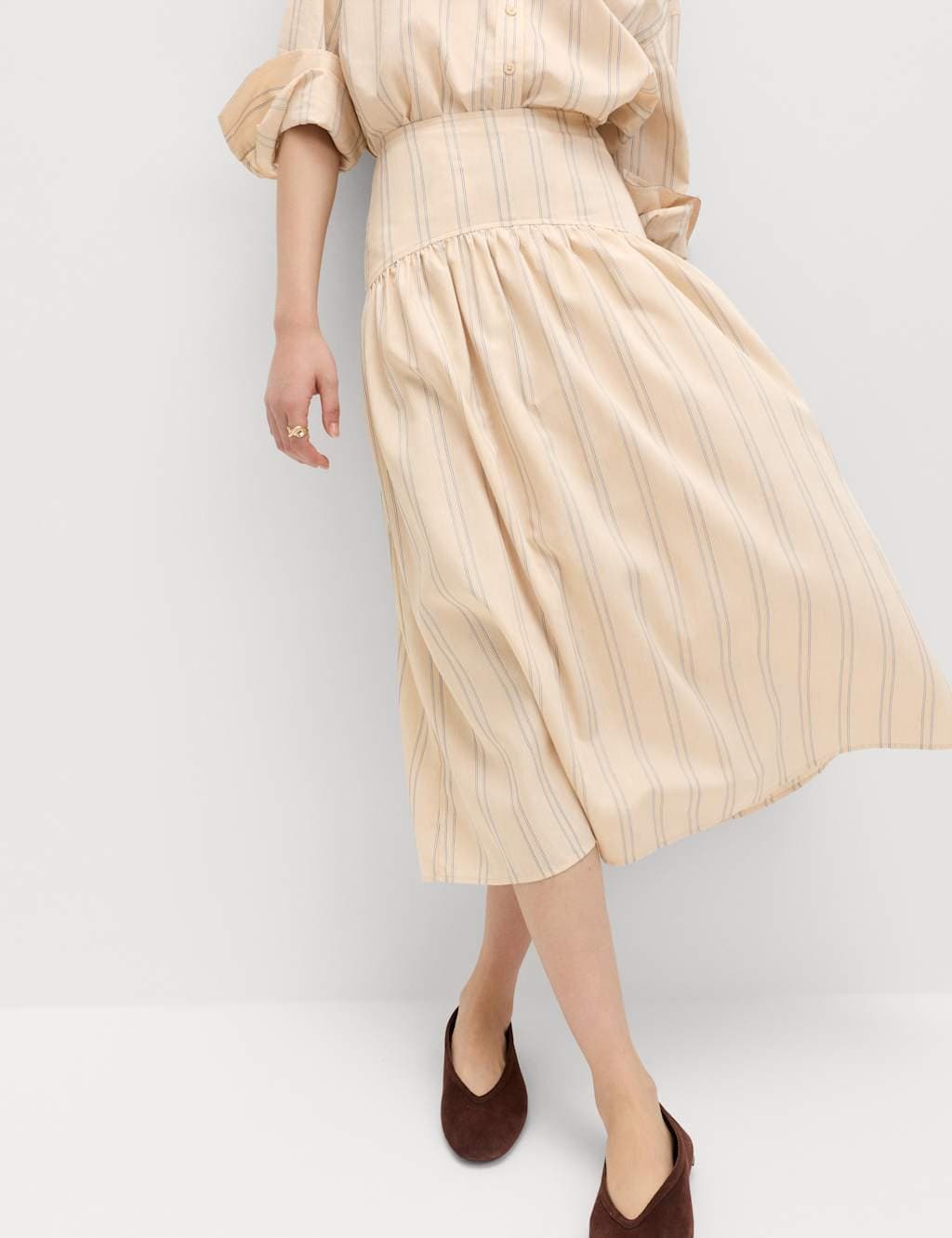 Marks & Spencer M&S Striped Midaxi Circle Skirt With Cotton Natural Mix