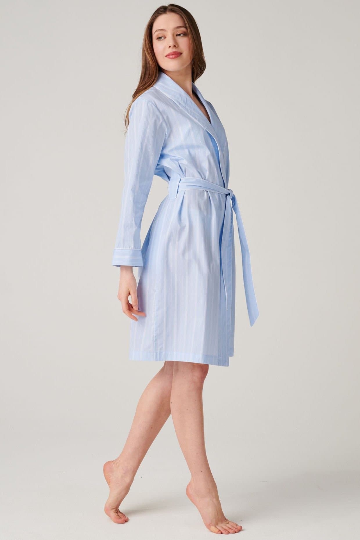 British Boxers British Boxers Women's "Breezy Blue Satin Stripe" Crisp Cotton Mid-Length Dressing Gown in Baby Blue