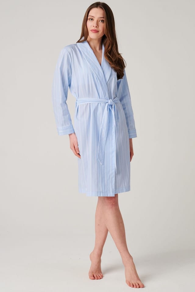 British Boxers British Boxers Women's "Breezy Blue Satin Stripe" Crisp Cotton Mid-Length Dressing Gown in Baby Blue - 2