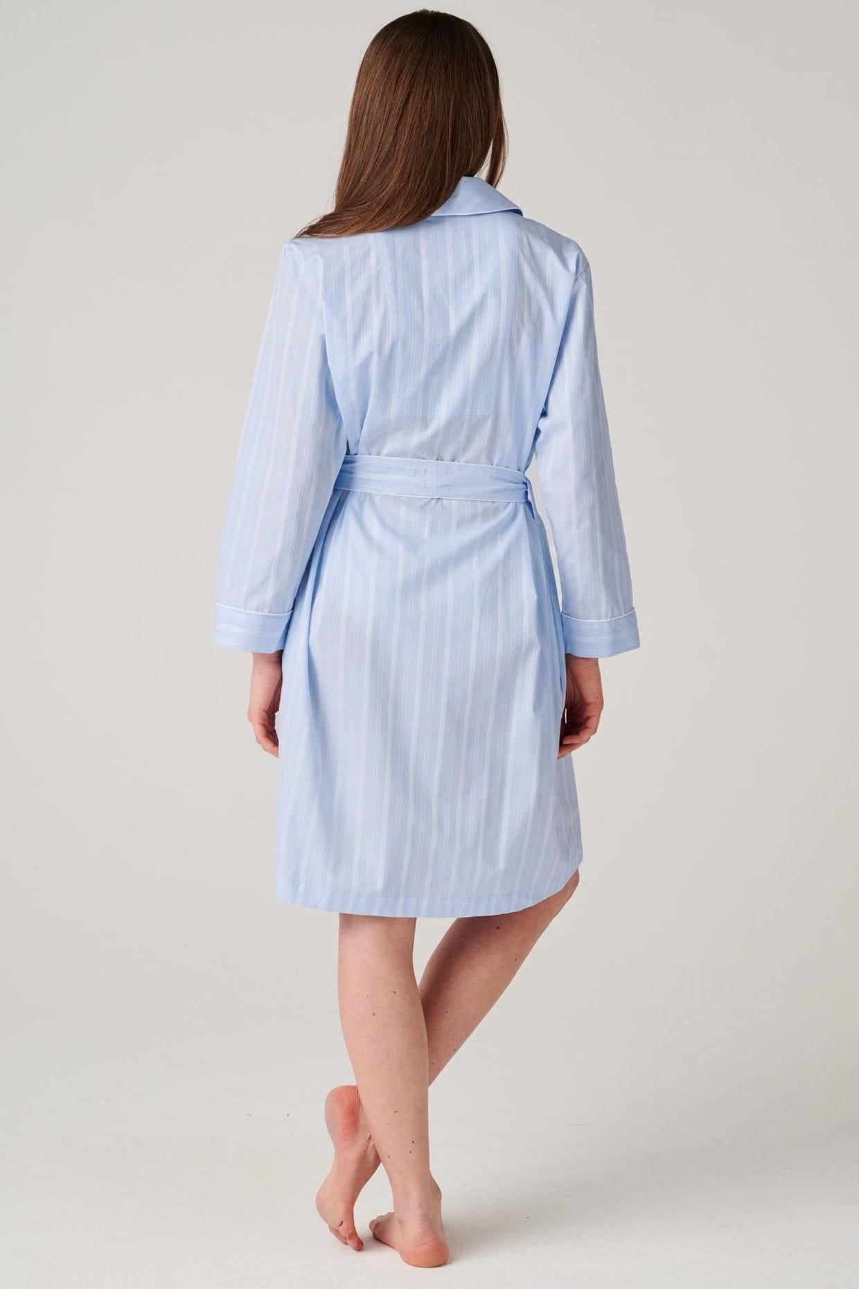 British Boxers British Boxers Women's "Breezy Blue Satin Stripe" Crisp Cotton Mid-Length Dressing Gown in Baby Blue - 4
